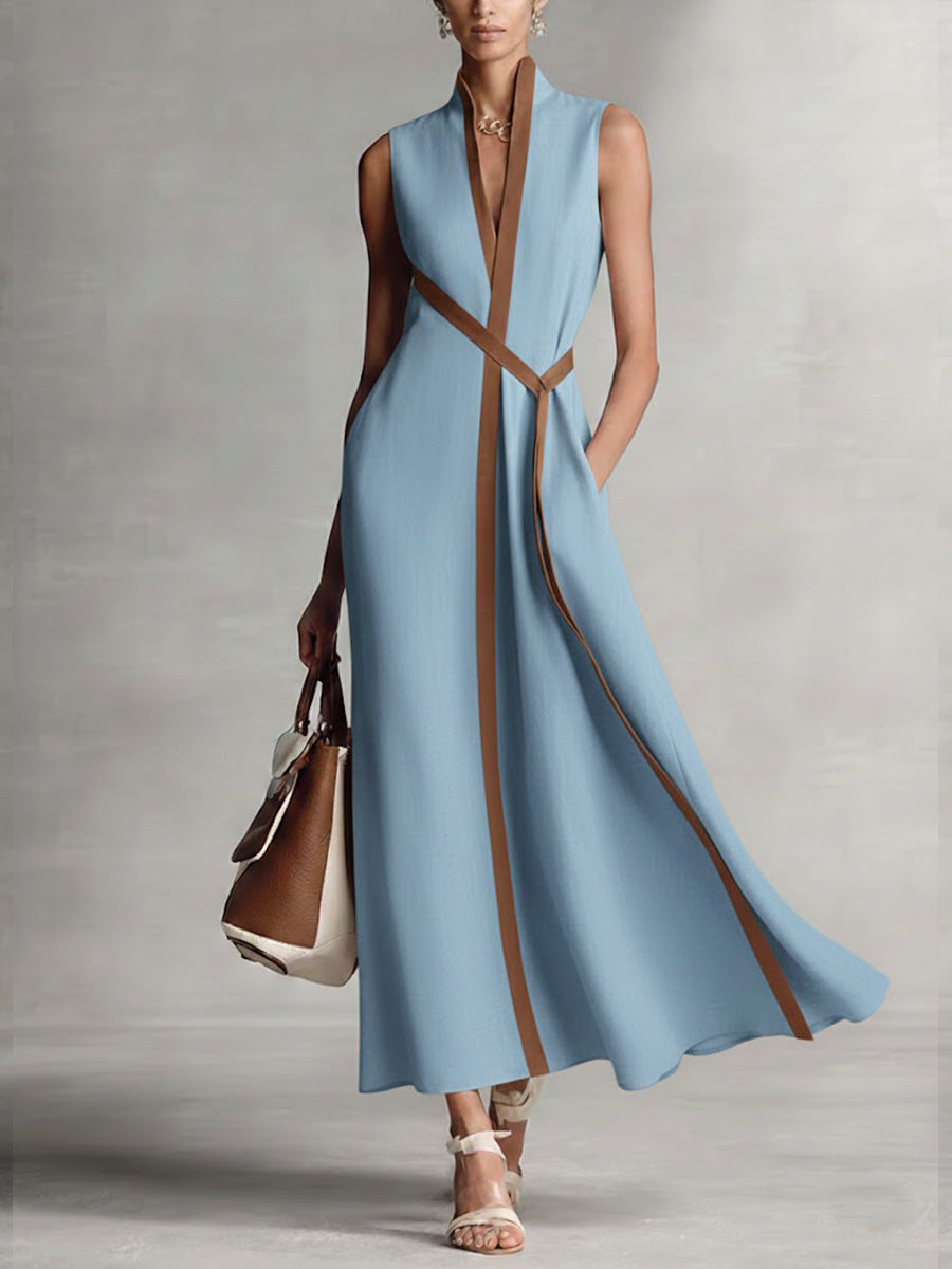 Elira linen dress in light blue with deep V-neck and diagonal tie panel, sleeveless maxi