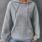 Women’s waffle-knit winter hoodie with hood and drawstrings, front kangaroo pocket—gray
