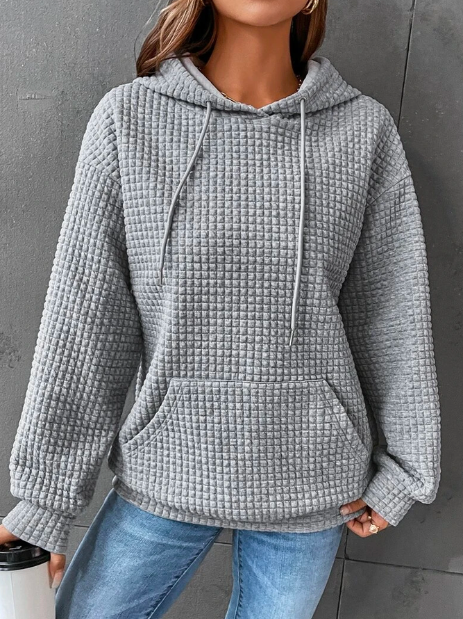 Women’s waffle-knit winter hoodie with hood and drawstrings, front kangaroo pocket—gray
