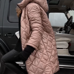 Quilted hooded puffer coat, light pink, front zip, long sleeves, side view