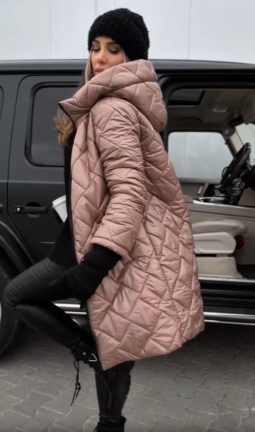 Quilted hooded puffer coat, light pink, front zip, long sleeves, side view