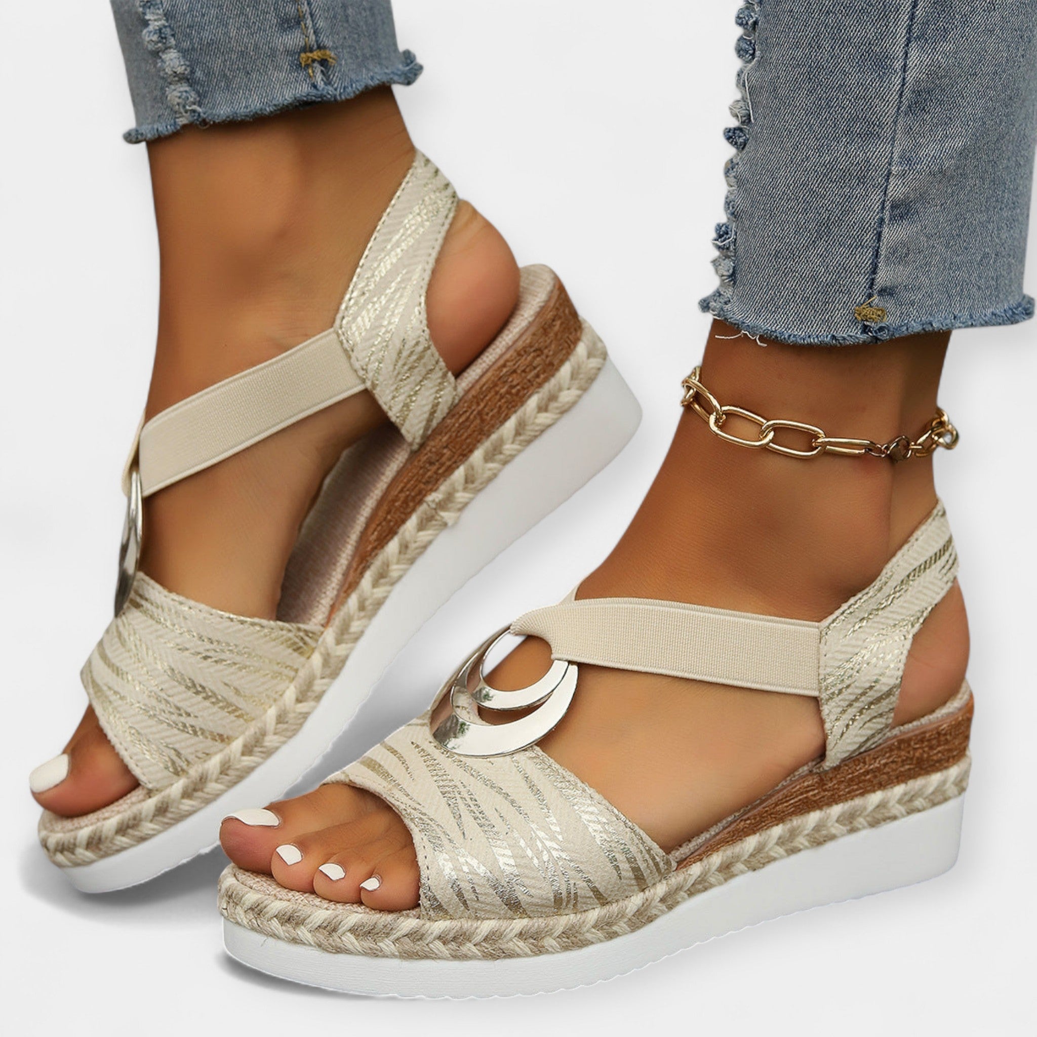 Roman knit sandals, cream straps with espadrille wedge sole and gold ankle chain