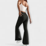 Black ribbed knit flared pants with high waist and vertical textured stripes