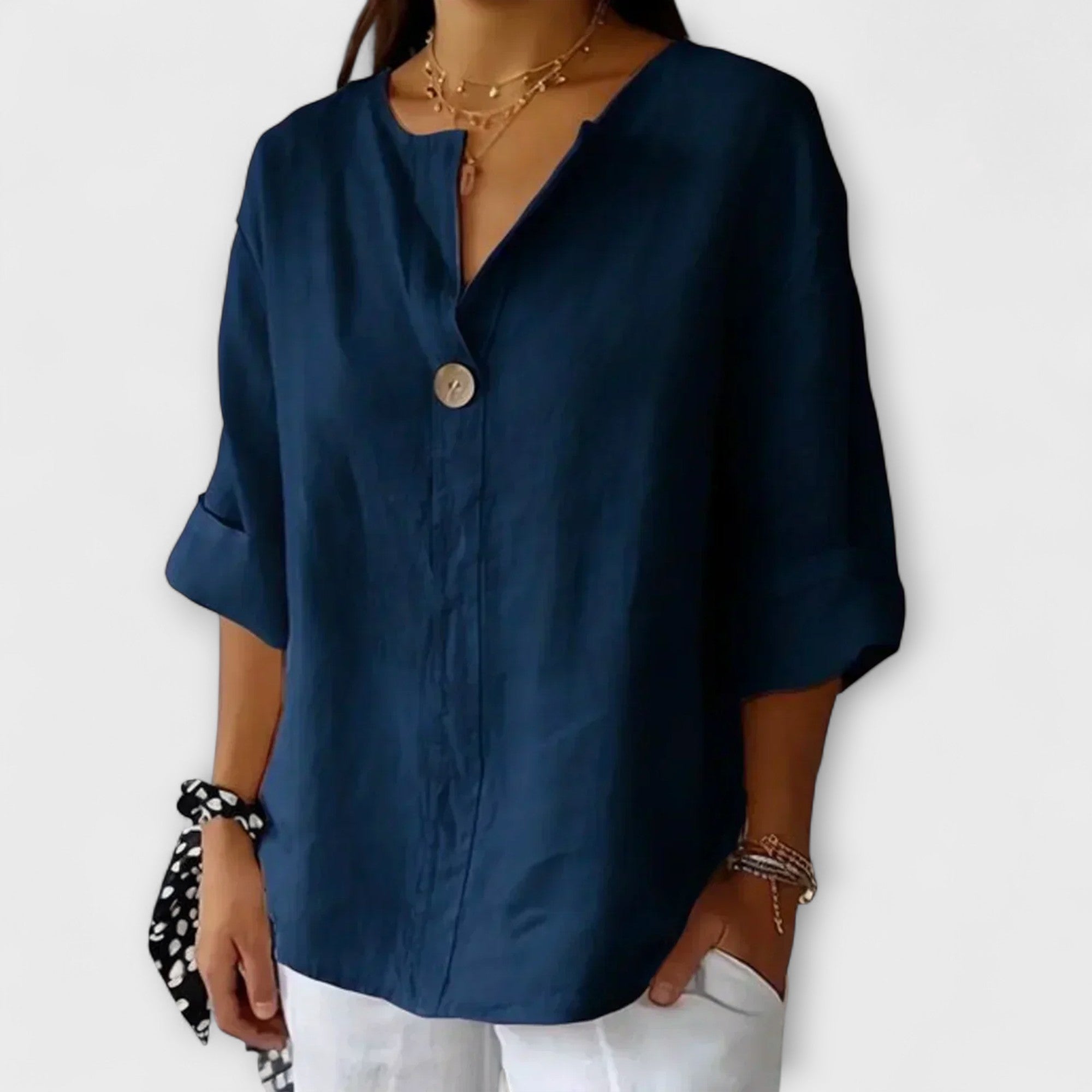 Lightweight button-front blouse, V-neck, elbow sleeves, navy blue