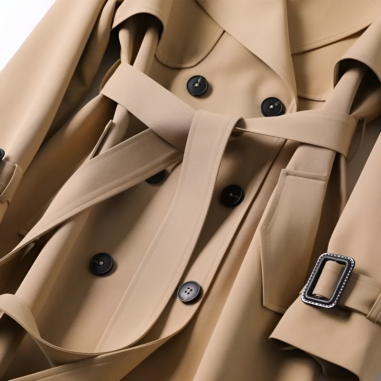 Beige trench coat close-up of black buttons and waist belt with buckle