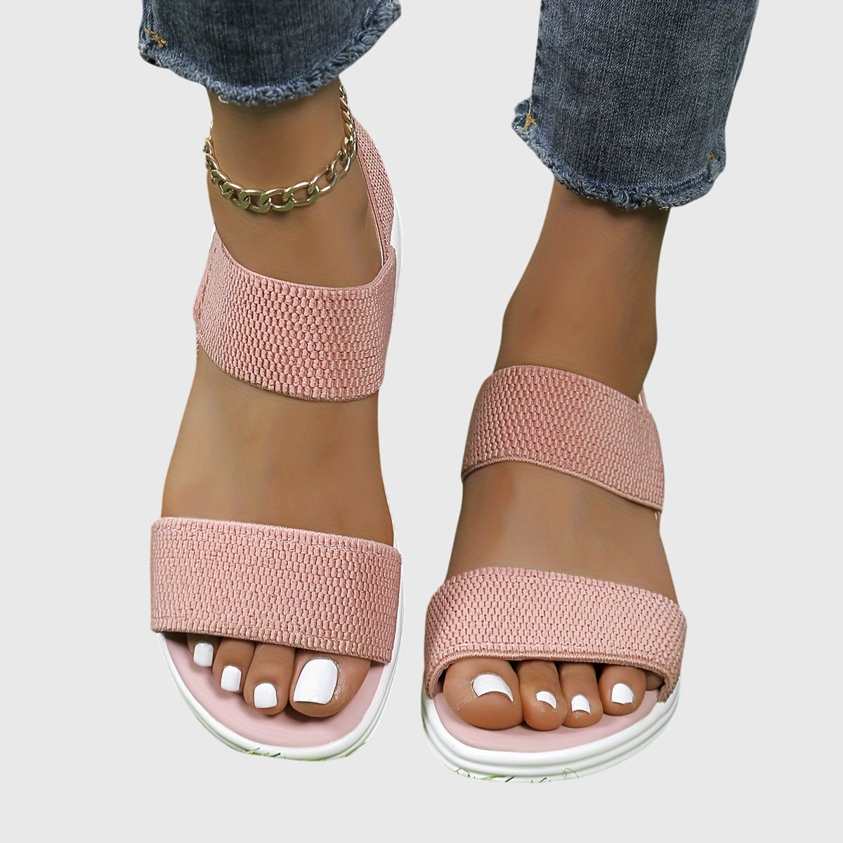 Emila™ orthopedic slide sandals, blush pink woven straps, open toe, white cushioned sole