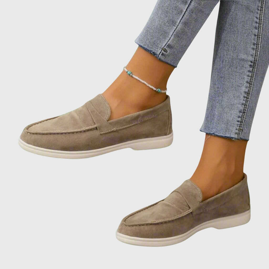Maria suede orthopaedic slip-on moccasins, brown with white rubber sole