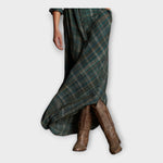 Women’s dark green plaid shirt dress, side drape hem and button placket details