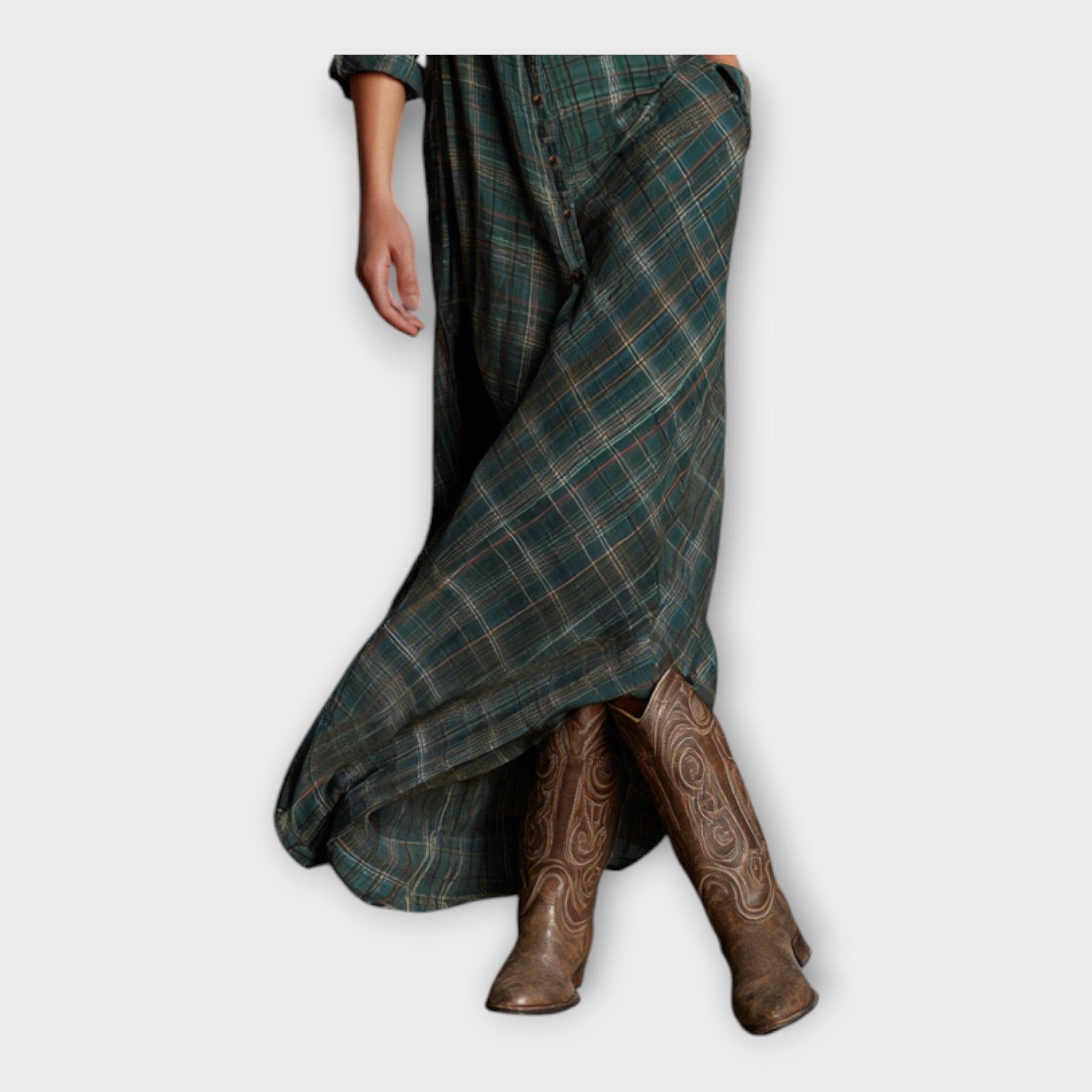 Women’s dark green plaid shirt dress, side drape hem and button placket details