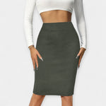 High-waist office pencil midi skirt, dark olive green