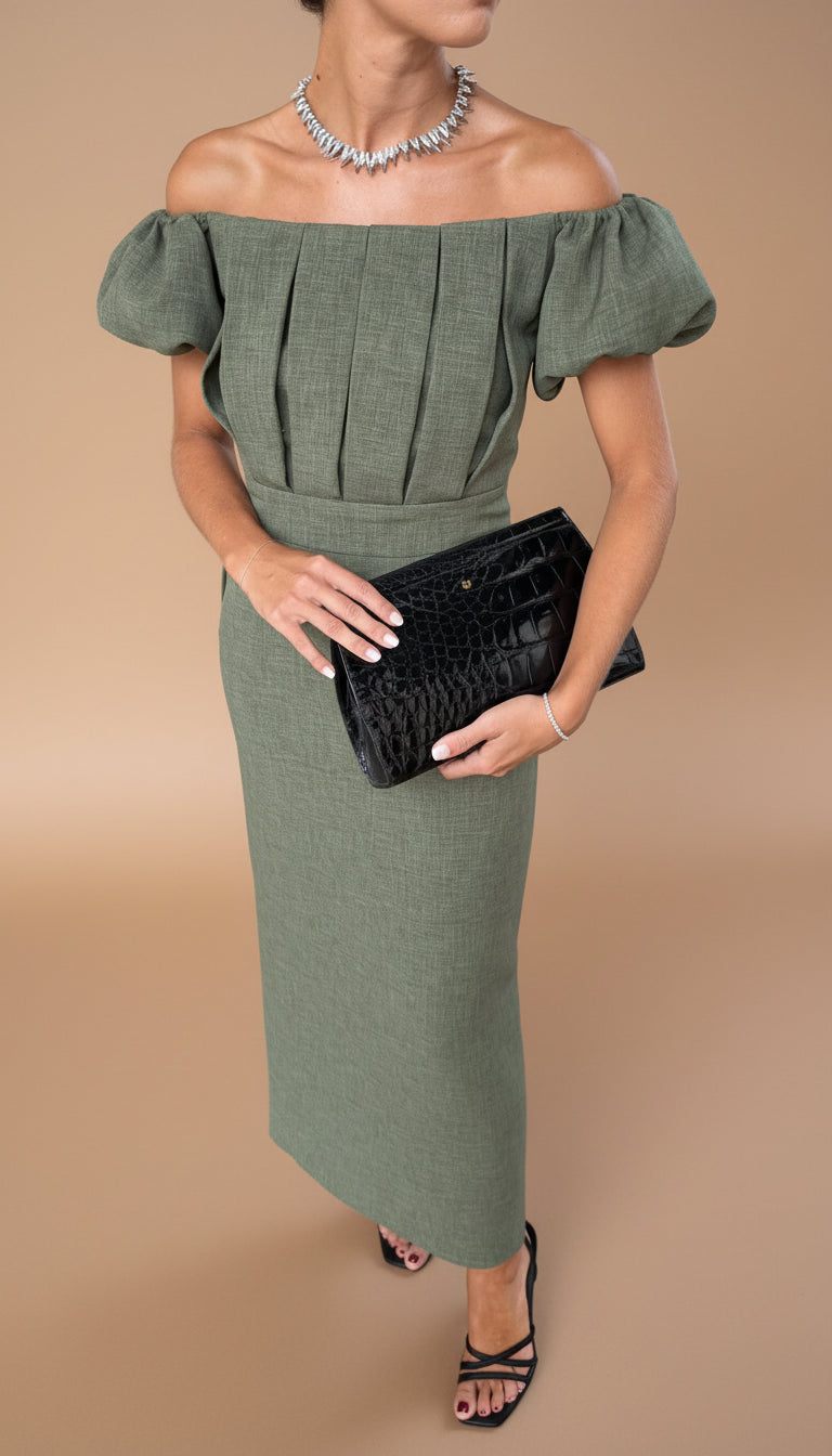 JASMINE off-shoulder midi dress in olive green with puff sleeves and structured bodice
