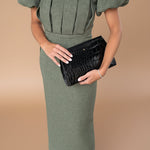 JASMINE off-shoulder midi dress in olive green with puff sleeves and structured bodice