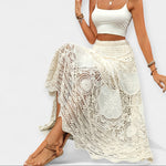 Lace midi skirt with scalloped hem and elastic waist in ivory