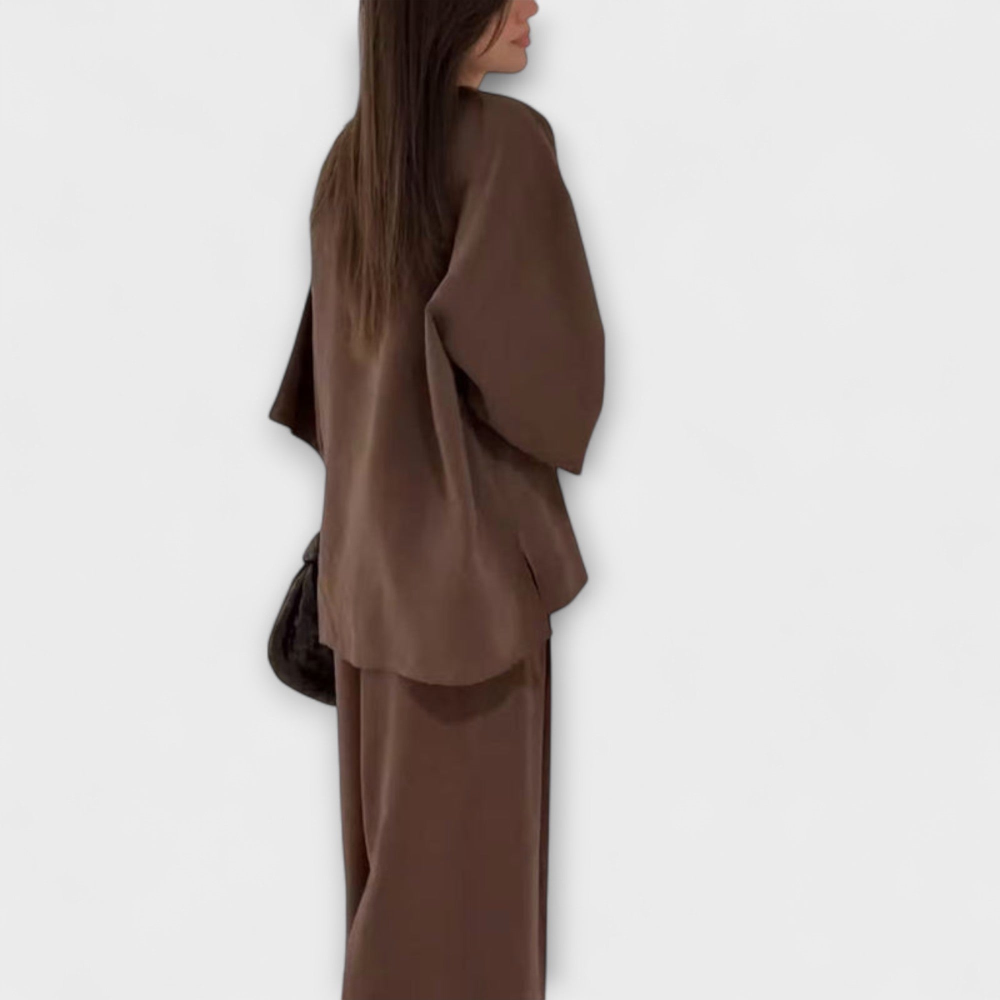 Two-layer V-neck top and wide-leg pants set, brown side view