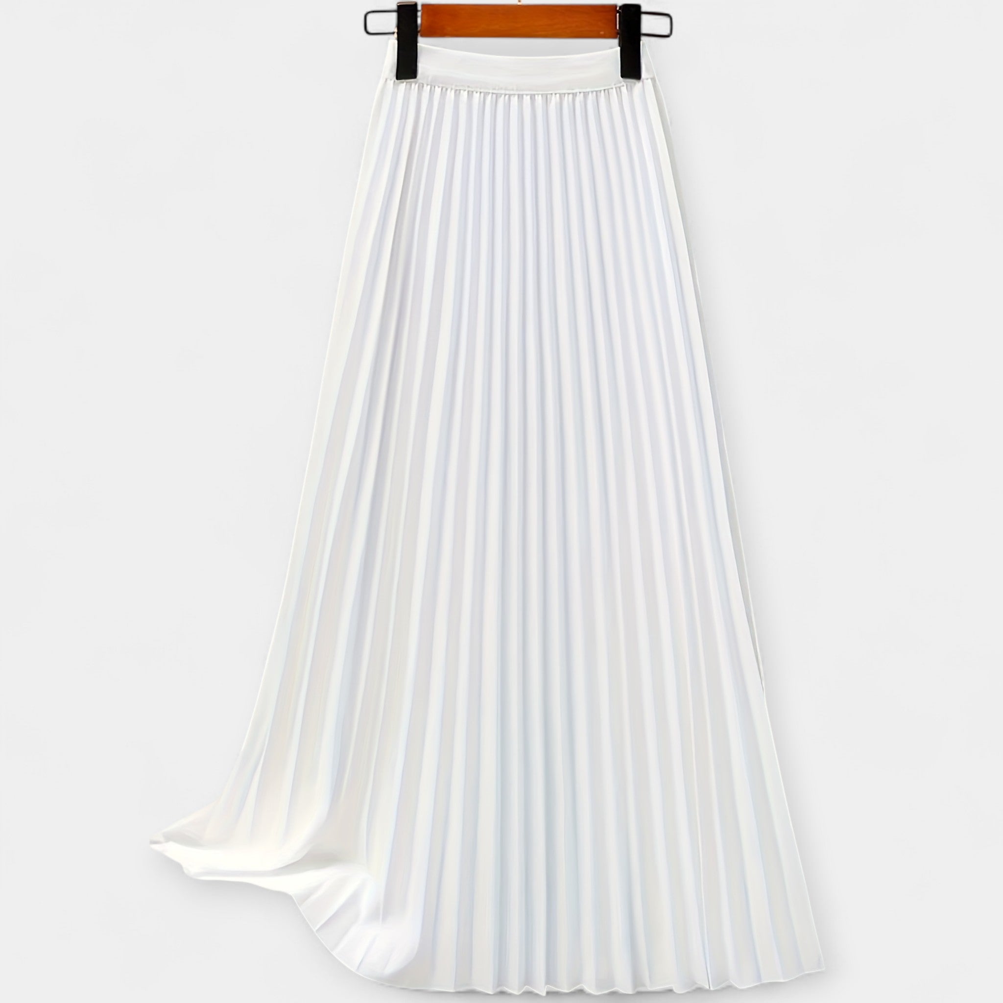 Long pleated satin skirt, white with elastic waistband and flowing A-line drape.