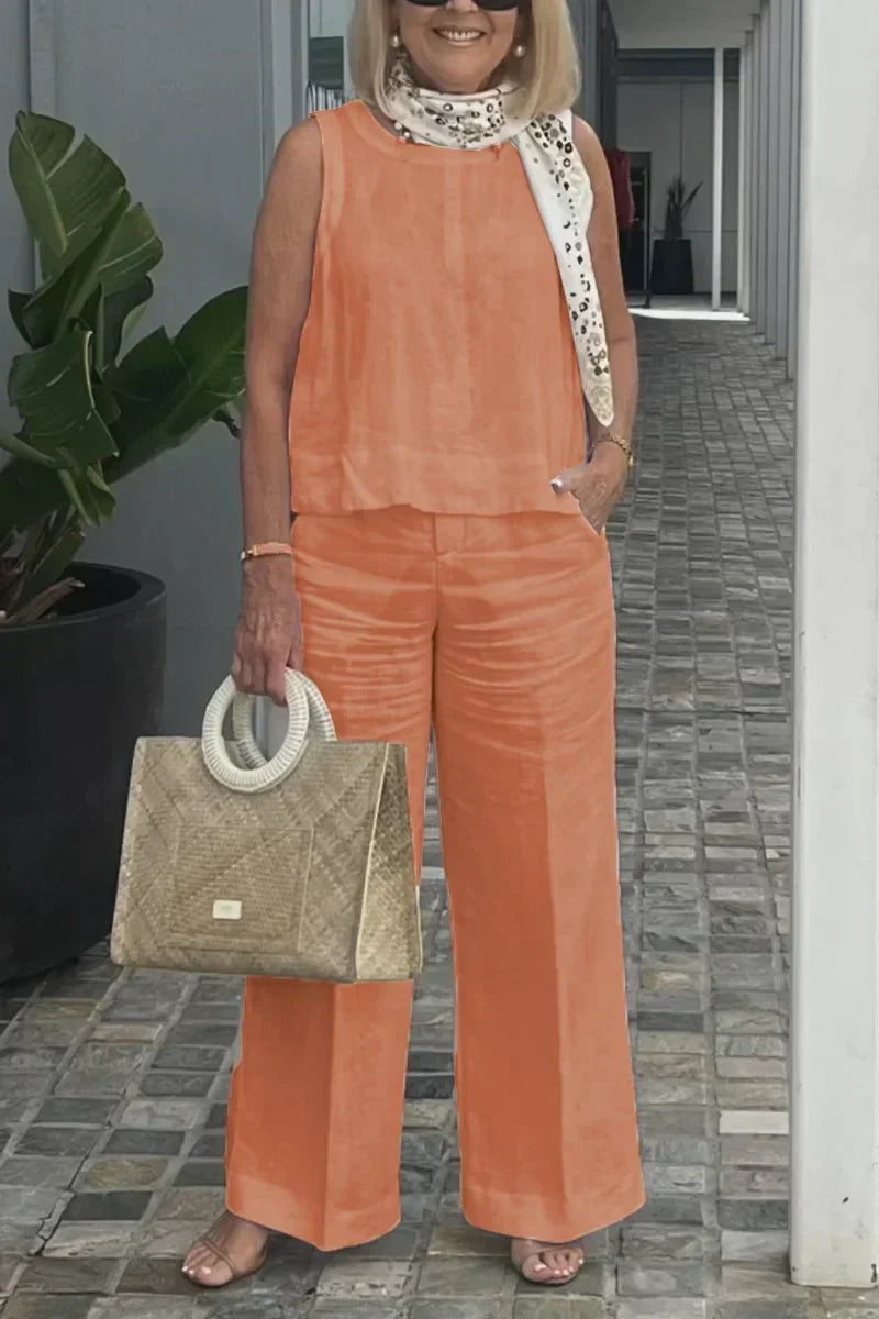 Orange sleeveless cotton-linen top with wide-leg pants
