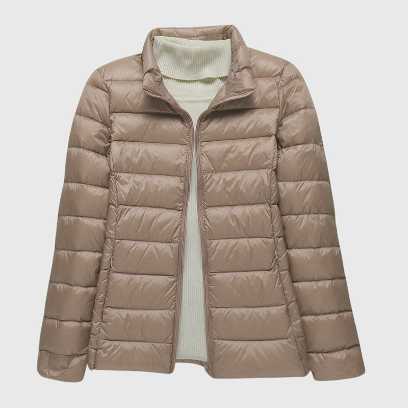 Lightweight puffer jacket with zip front, beige, stand collar