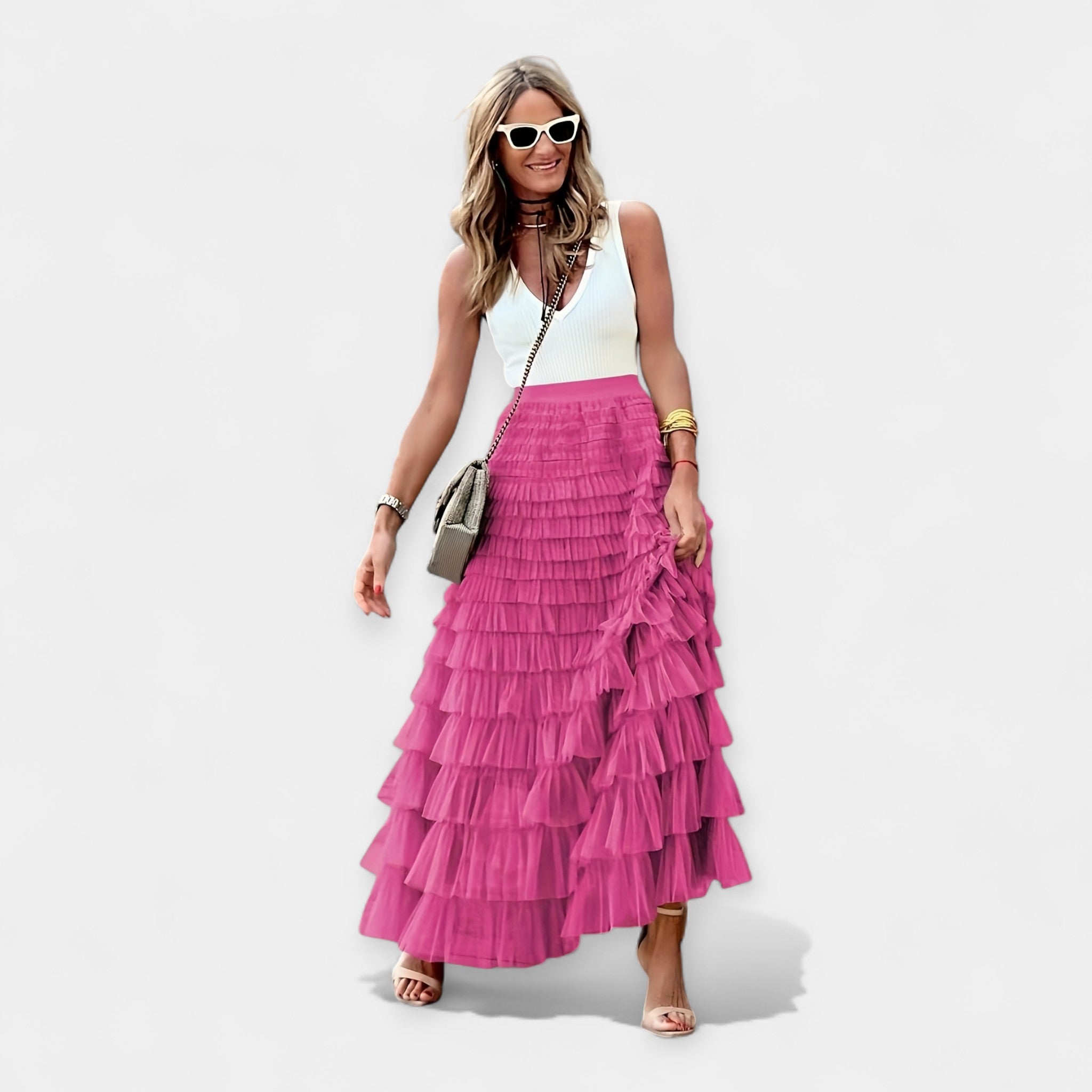 Boho mesh-trim tiered skirt in fuchsia, layered ruffle tiers and elastic gathered waist