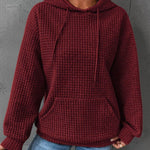 Women’s waffle-knit winter hoodie with hood and drawstrings, front kangaroo pocket—burgundy