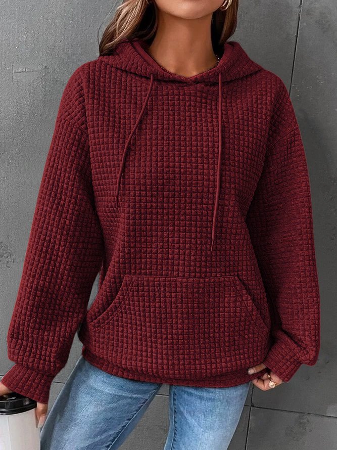 Women’s waffle-knit winter hoodie with hood and drawstrings, front kangaroo pocket—burgundy