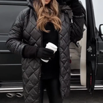 Hooded puffer coat, black, quilted diamond pattern, zip front, hood up