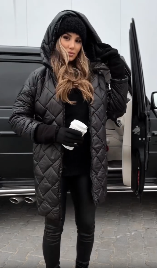 Hooded puffer coat, black, quilted diamond pattern, zip front, hood up