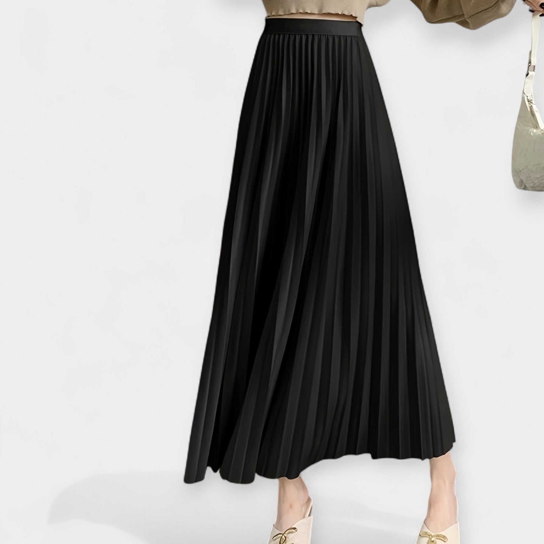Long satin pleated skirt, black, full-length with gathered waistband