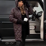 Hooded quilted puffer coat, dark plum brown, long length, front zip closure