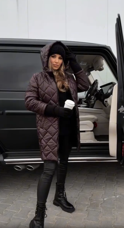 Hooded quilted puffer coat, dark plum brown, long length, front zip closure