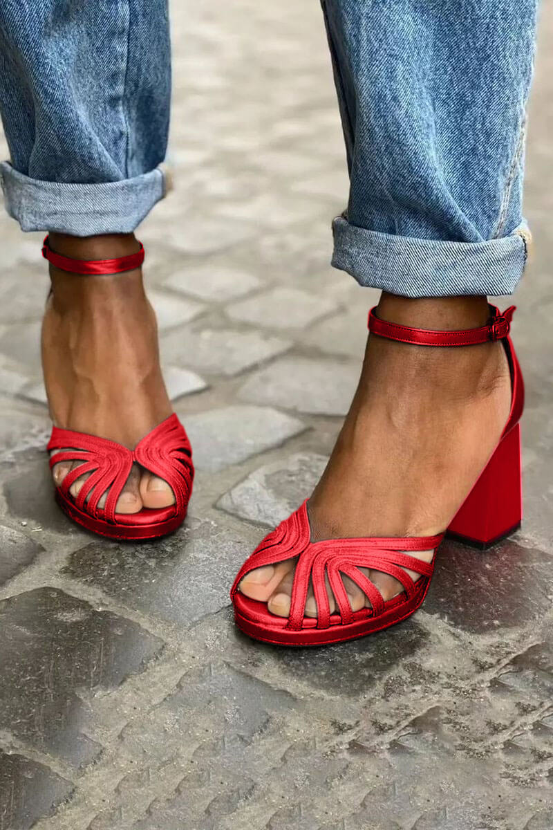 Bi-color ankle-strap sandals, red straps, pink block heel