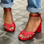 Bi-color ankle-strap sandals, red straps, pink block heel
