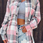 Pink, gray, and white plaid long-sleeve button-up shirt with round button placket