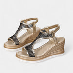 Women’s orthopedic platform sandals, beige footbed with black mesh side, open toe, slingback strap
