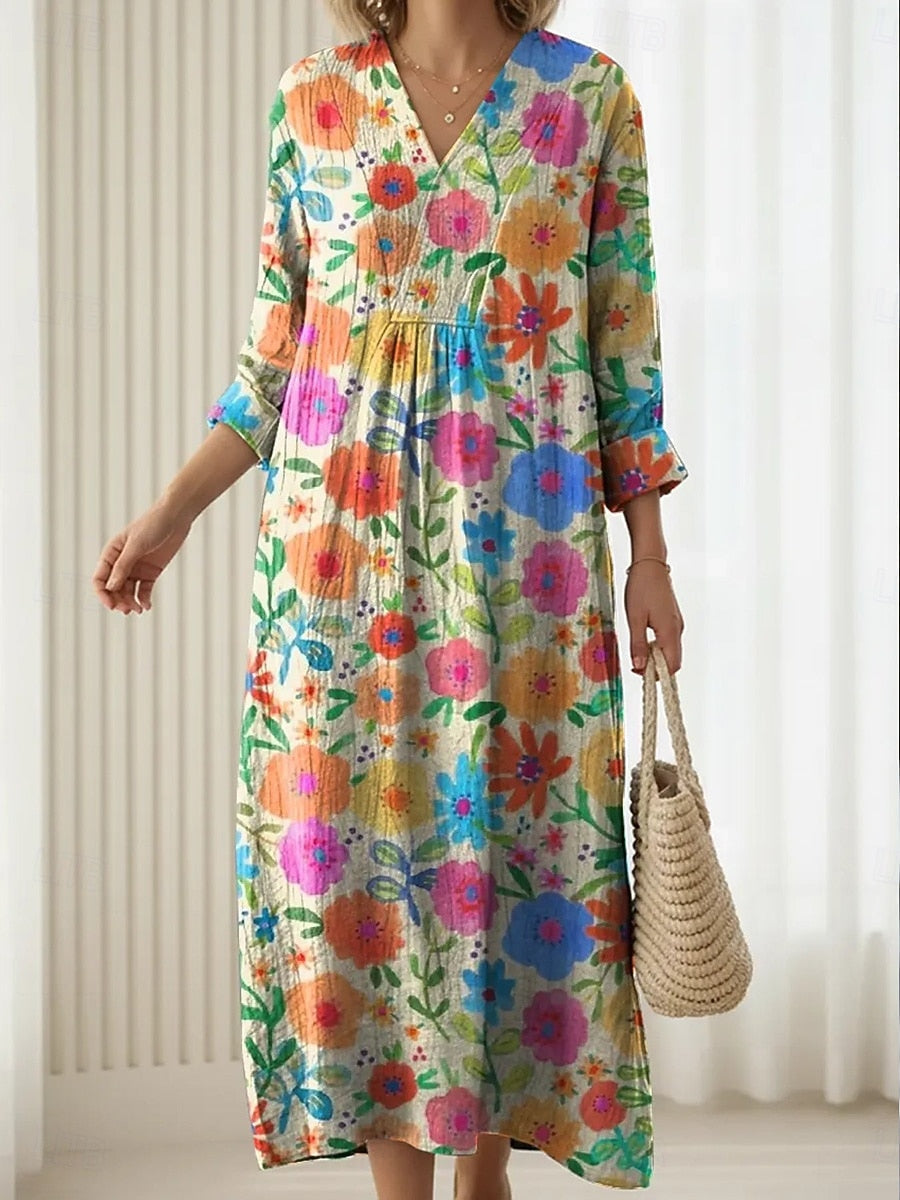 Women's multicolor floral comfort dress with V-neck and gathered waist, three-quarter sleeves