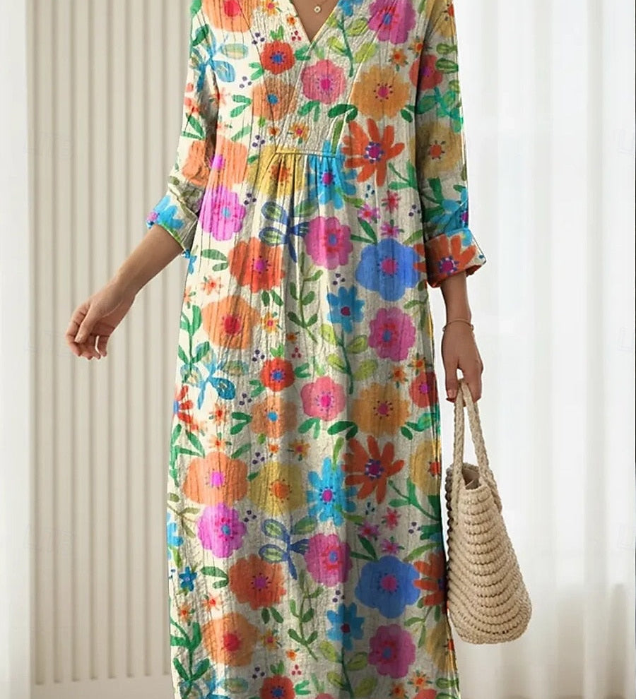 Women's multicolor floral comfort dress with V-neck and gathered waist, three-quarter sleeves