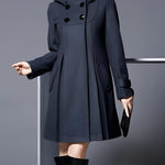 Women’s dark charcoal hooded coat with double-breasted buttons and side flap pockets