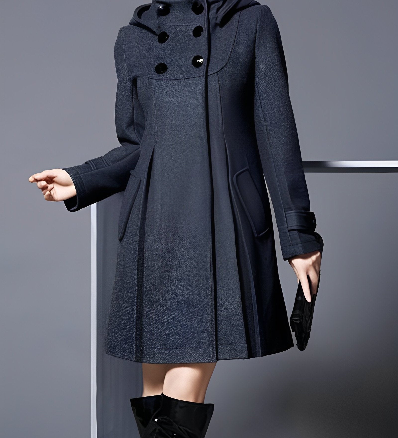 Women’s dark charcoal hooded coat with double-breasted buttons and side flap pockets