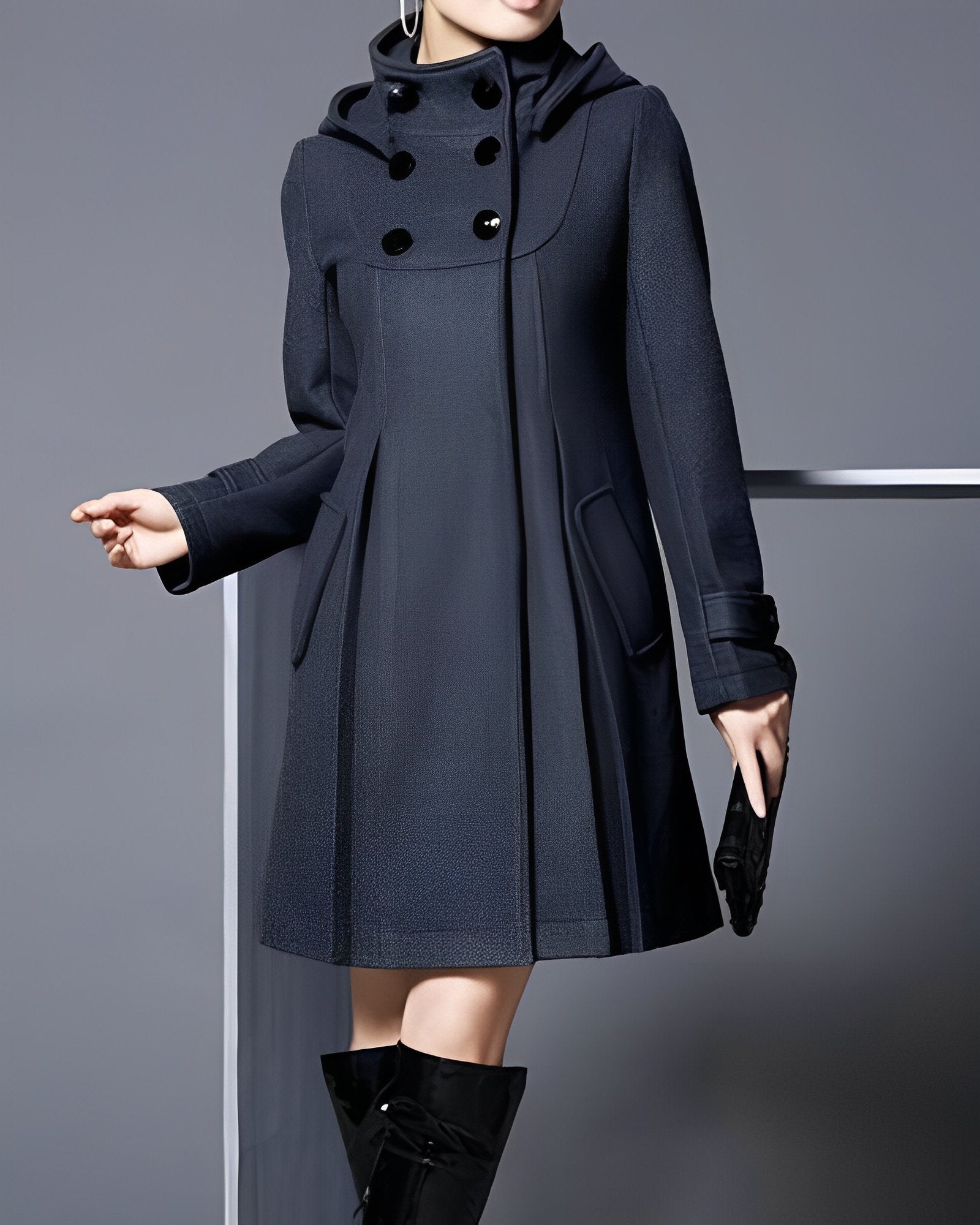 Women’s dark charcoal hooded coat with double-breasted buttons and side flap pockets