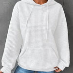 Women’s waffle-knit winter hoodie with hood and drawstrings, front kangaroo pocket—white