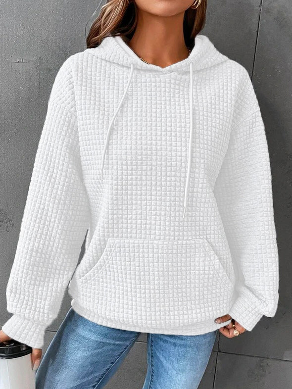 Women’s waffle-knit winter hoodie with hood and drawstrings, front kangaroo pocket—white