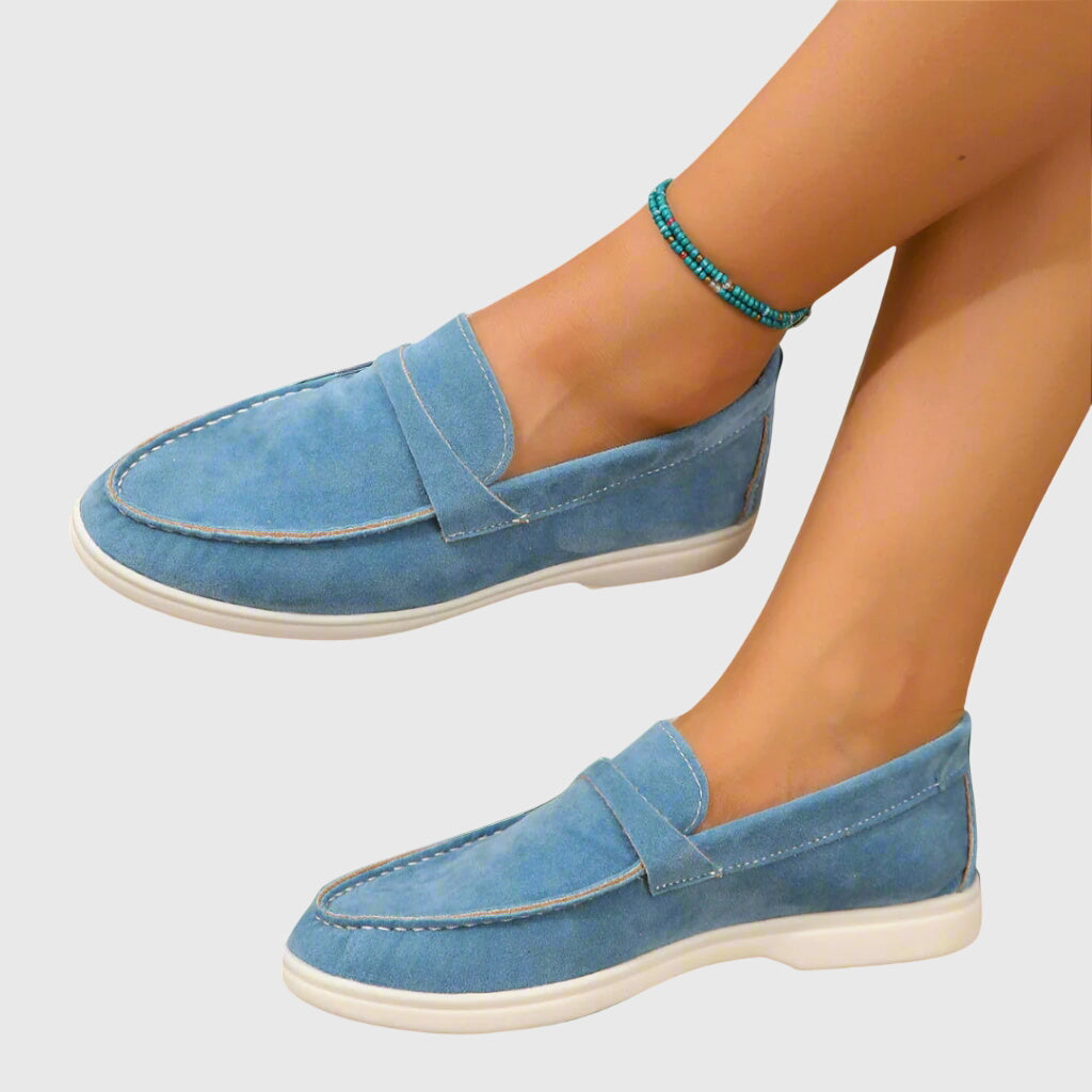 Maria suede orthopaedic slip-on moccasins, light blue with white rubber sole