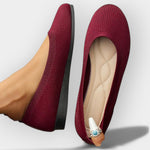Burgundy knit slip-on ballet flats with rounded toe and flat sole