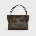 Dark brown leather-look tote bag with two top handles and smooth front