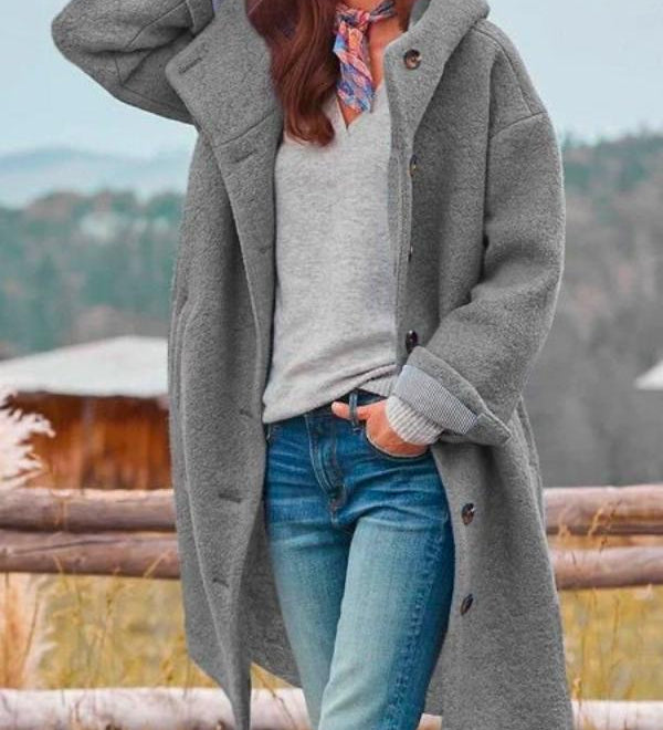 Long gray hooded coat with button front and side pockets