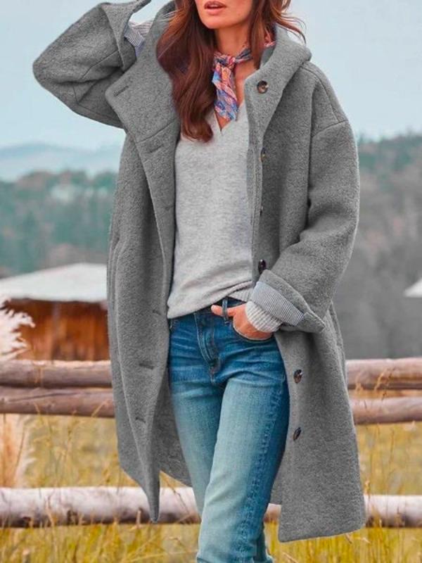 Long gray hooded coat with button front and side pockets