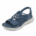 Kassandra orthopedic comfort sandal, blue woven upper with wide hook-and-loop strap