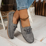 Gray suede-look lace-up slip-on loafer shoes with stitched moc-style edges
