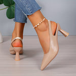 Beige orthopedic pointed-toe slingback heels with mid block heel and ankle strap