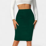High-waist office pencil midi skirt, deep forest green
