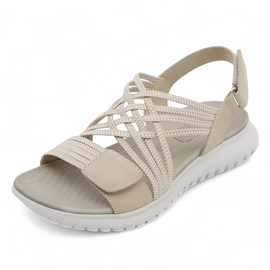 Kassandra orthopedic comfort sandal, beige woven upper with hook-and-loop strap